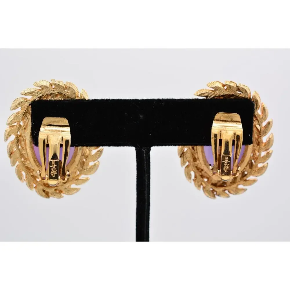 Judy Lee Vintage Cabochon Clip On Earrings Pink Gold Chunky Signed 1980s BinAZ